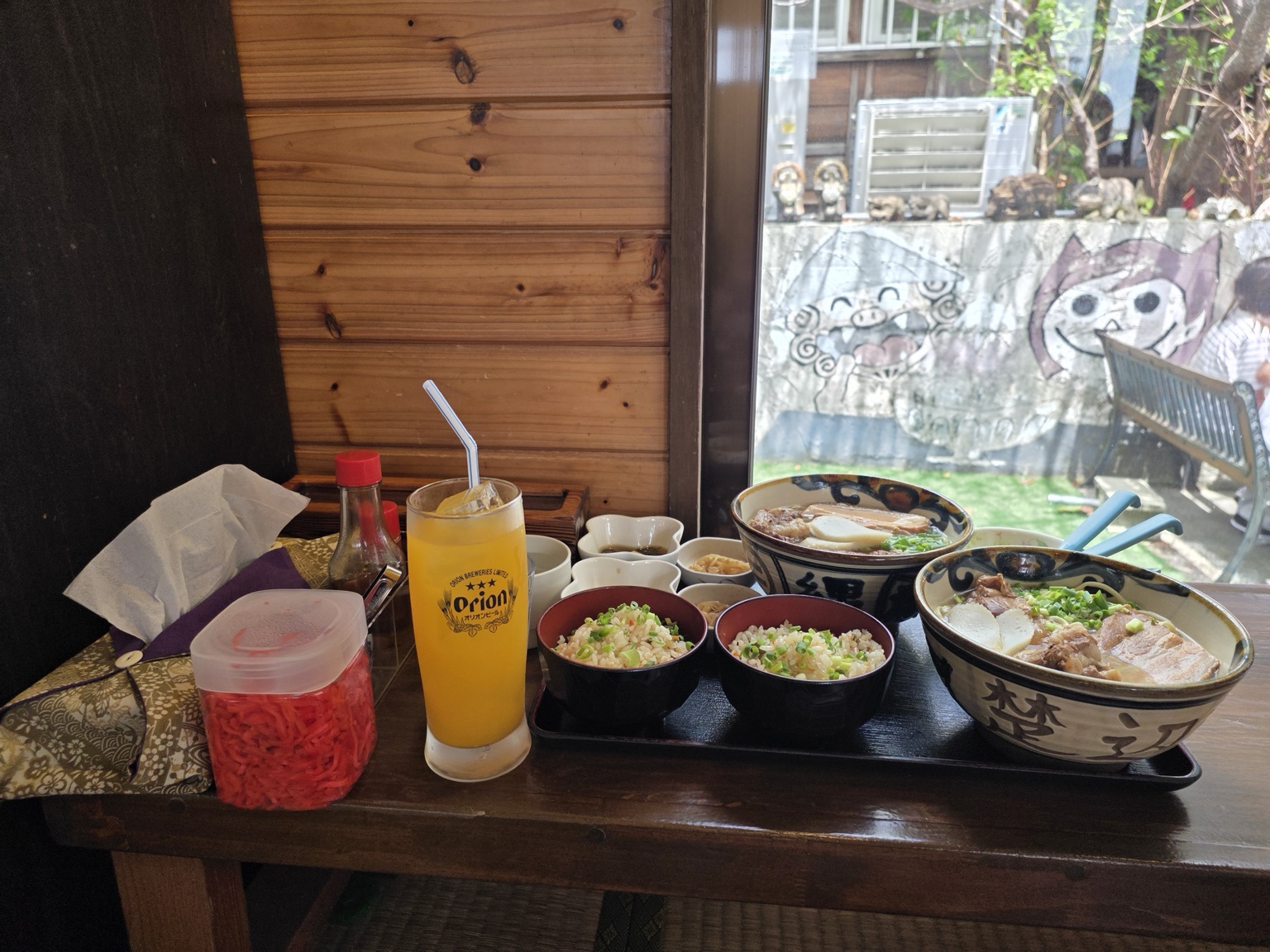 Two Okinawa soba set meals with jushi rice at Sobe Soba in Naha